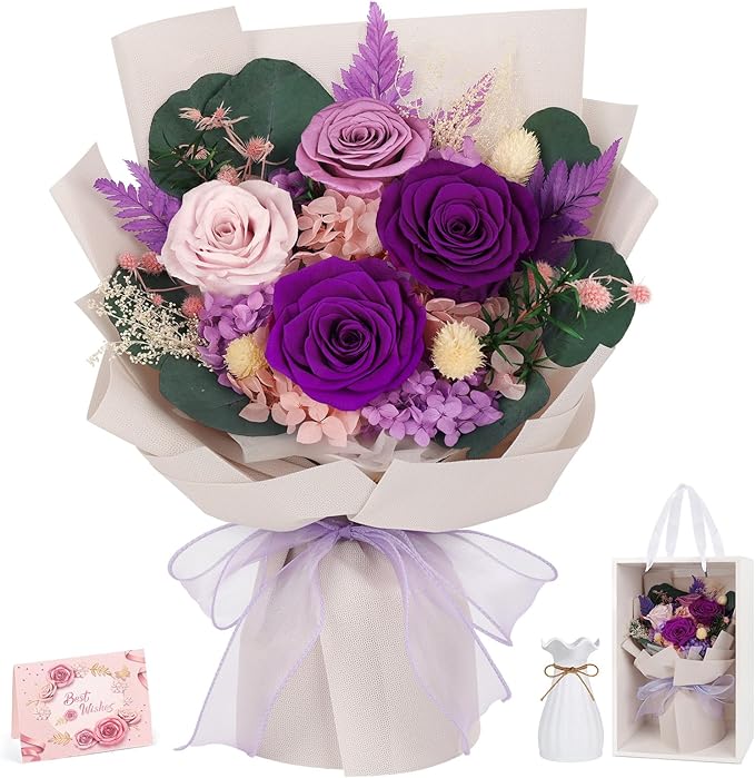 Preserved Flowers Bouquet 4 Roses with Vase,Flowers for Delivery Prime That Last 3-5 Years Real Forever Flowers Rose Bouquet for Mom Mother Women Wife Friends Birthday Mother's Day