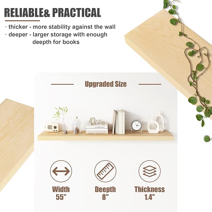 FLYJOE Floating Shelves for Wall, USA-Sourced Maple Wood 55 Inch Long Wall Shelves, Natural Wooden Mounted Picture Ledge Shelf, Nursery Book Storage Shelf Kids Bookshelf, Display Shelf for Bathroom