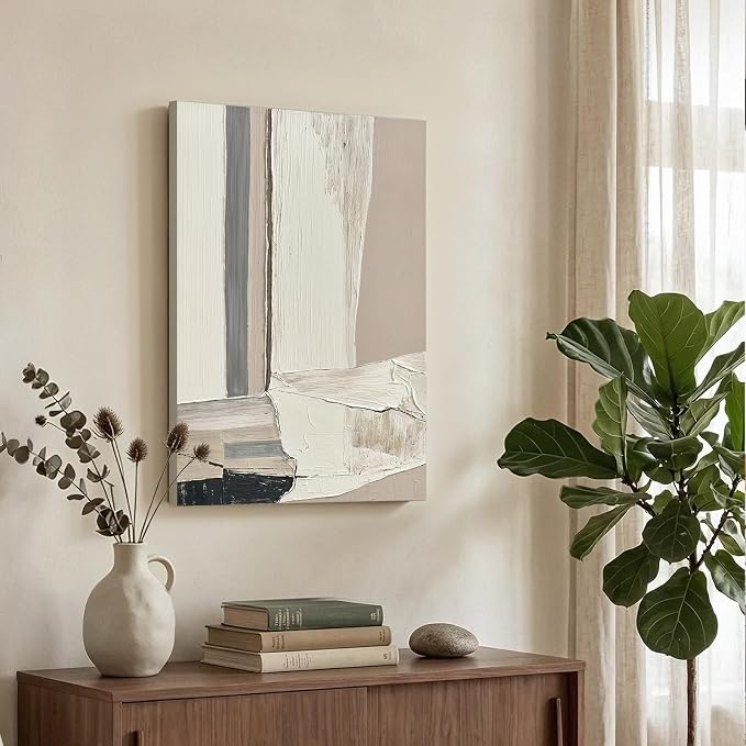 Modern Abstract Neutral Canvas Wall Art, Textured Painting for Living Room | Hand-Painted White Beige Gray Composition Artwork for Bedroom Office Hallways,Large Geometric Wall Decor Ready to Hang 24x36"