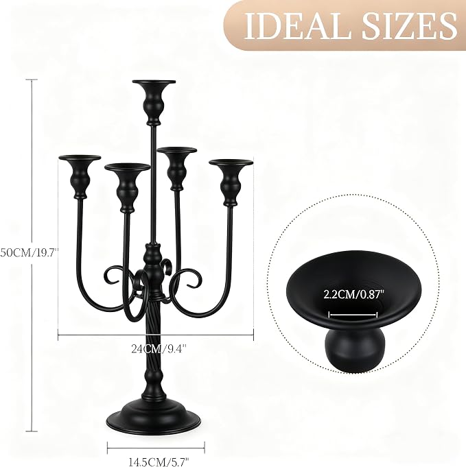 Candelabra Centerpieces for Tables, 2Pcs Metal Tall Candle Holder for Taper Candles, 5 Arm Candlestick Holder for Wedding Centerpiece Decor Party Event Reception Decoration，Black,19.7in-2pcs