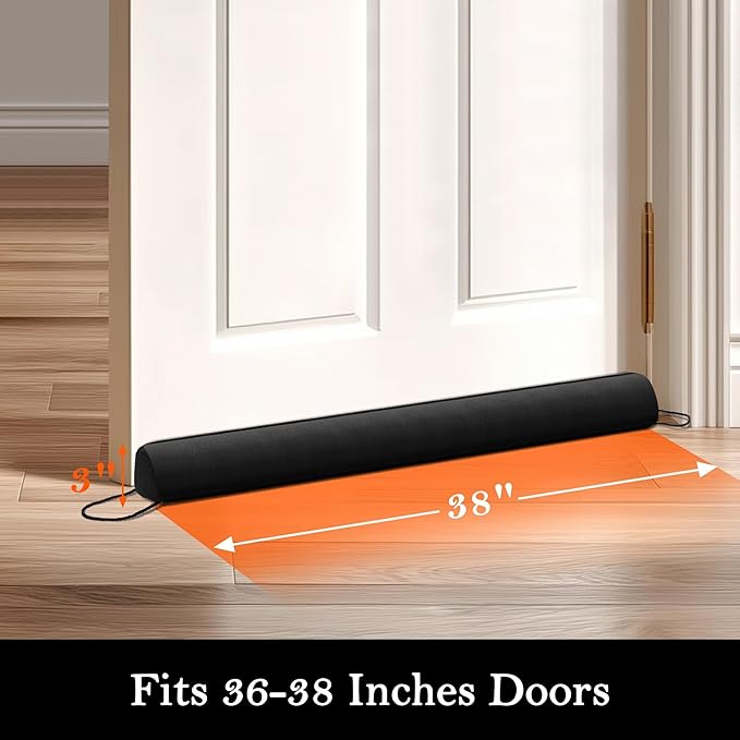 Sunolga 2 Packs 38 Inches 2.2LB Weighted Door Draft Stopper Filled with Glass Beads & Cotton, Removable Machine Washable Sound Proof Under Door Draft Blocker with Anti-Abrasion Bottom for Door, Black