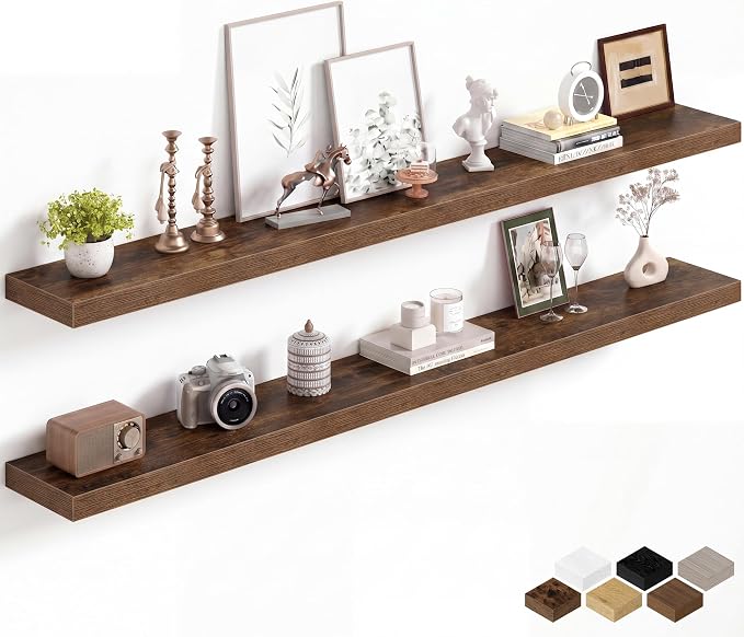 Fun Memories 67Inch Long Floating Shelves, 8 Inch Deep Shelves for Bedroom|Living Room, Wall Mounted Wood Hanging Shelf with Invisible Brackets for Fireplace Mantel Home Storage Decor, Brown - 2 Pack