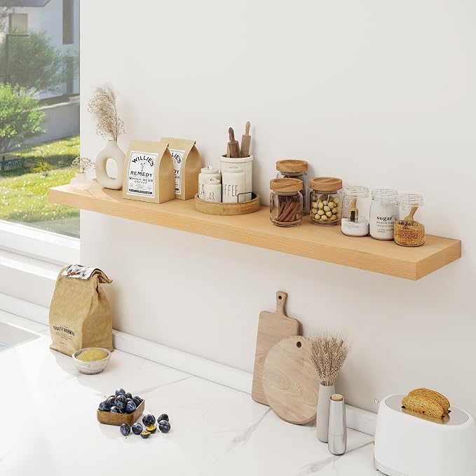 FLYJOE Floating Shelves for Wall, USA-Sourced Beech Wood 48 Inch Long Wall Shelves, Natural Wooden Mounted Picture Ledge Shelf, Nursery Book Storage Shelf Kids Bookshelf, Display Shelf for Bathroom
