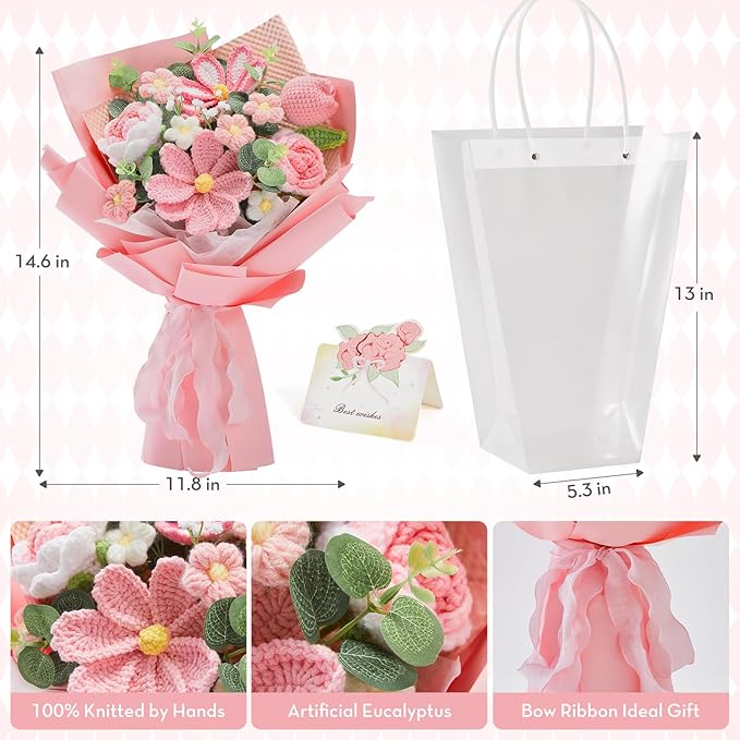 Alecono Crochet Flower Bouquet, Pink Handmade Knitted Flowers, Crochet Tulips Galsang Flower for Mother's Day Anniversary Birthday Graduation Lover Valentines Day Gifts (with Card)