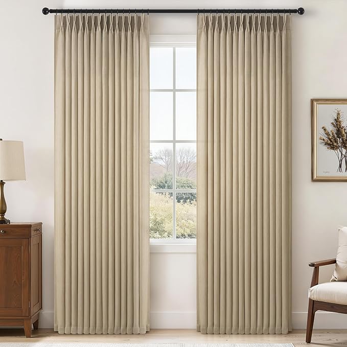 Pleated Linen Curtains 90 Inches Long for Living Room 2 Panels Rustic Farmhouse Khaki Thick Linen Textured Pinch Pleat Hooks Rings Back Tab Floor to Ceiling Semi Sheer Drapes Bedroom 90 Inch Taupe