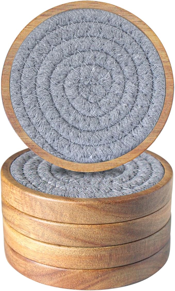 Eykao Drink Coasters Set of 5, Coasters for Drinks Absorbent, Wood Coasters for Coffee Table, Housewarming Gift for Farmhouse Home Decor,4 inches (Brown & Gray)