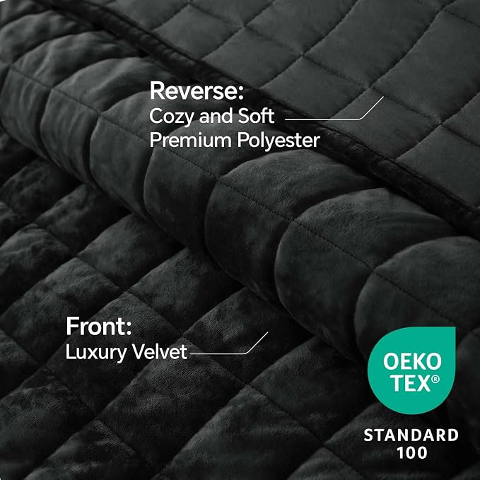 BEDELITE Velvet Quilt Set King Size - Luxury Soft Velvet Comforter Bedding Set for All Season, Lightweight Quilted Box Stitch Oversized Bedspread Coverlet with 2 Matching Shams, Black
