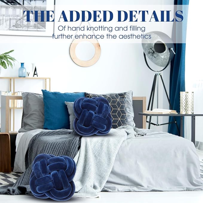 Beeveer 2 Pcs Knot Pillow Balls Set, 12 Inch Soft Decorative Throw Knot Pillow Ball, Large Square Knotted Floor Cushion for Living Room Bedroom Sofa Couch Bed Home Decoration (Navy Blue)