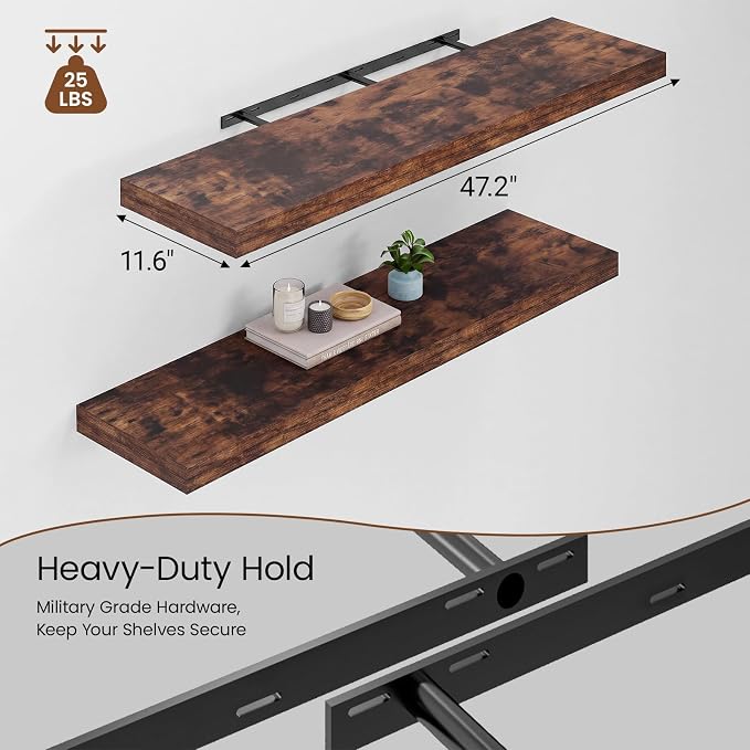 Heimlove 48W x 12D Long Floating Shelf, Set of 2, Wood Shelves for Bedroom Living Room Bathroom Kitchen Home Office, Rustic Brown