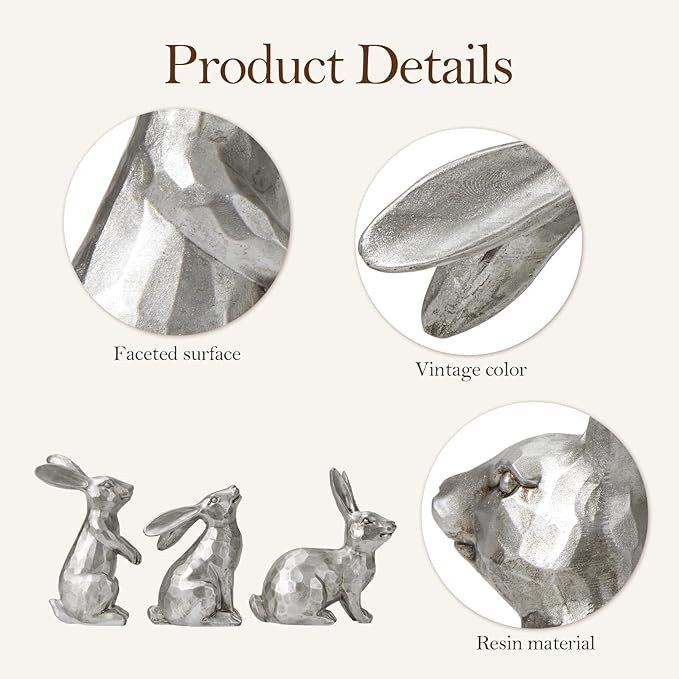 DN DECONATION Easter Bunny Figurines, Small Decorative Bunny Statue Set of 3, Easter Resin Rabbit for Vintage Tabletop Decor Home Spring Decoration Gift, Antique Silver Sculptures Decor