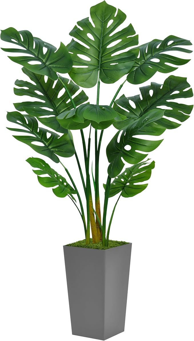 ASTIDY Artificial Monstera Deliciosa Plant 5FT - Faux Tropical Palm Tree with Gray Tall Planter - Fake Swiss Cheese Floor Plant Potted - Artificial Tree for Home Office Living Room Decor Indoor