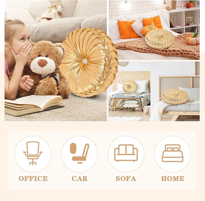 Drydiet 4 Pcs Round Throw Velvet Pillows Decorative Pleated Throw Pillows Diameter Accent Pumpkin Boho Chair Cushion for Couch Sofa Home Decoration (Gold,15'')