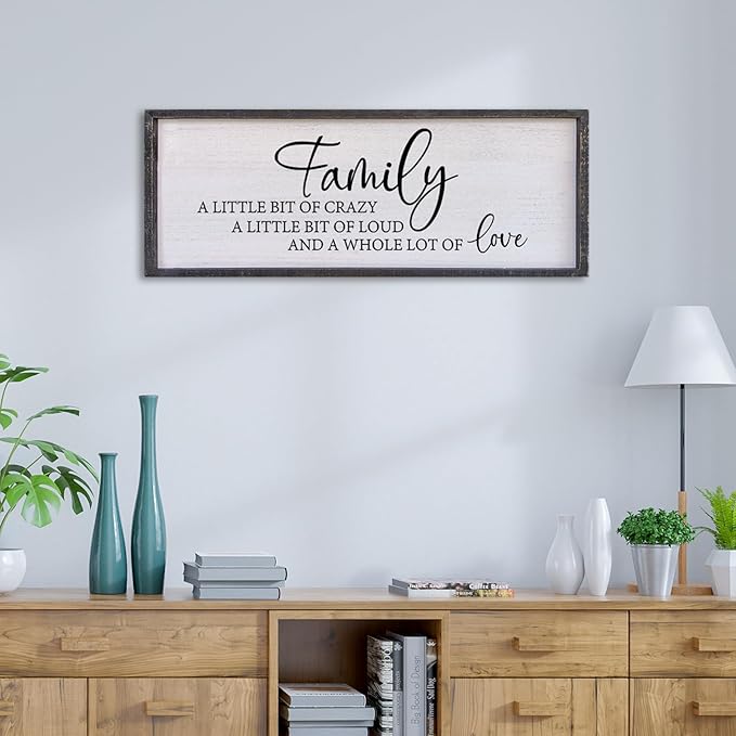Family A Little Bit Of Crazy Sign Wall Decor 32"×12" Rustic Farmhouse Living Room Large Soild Wood Framed Hallway Hanging Sign Aesthetic Inspirational Quotes Entryway Home Wall Art (Black)