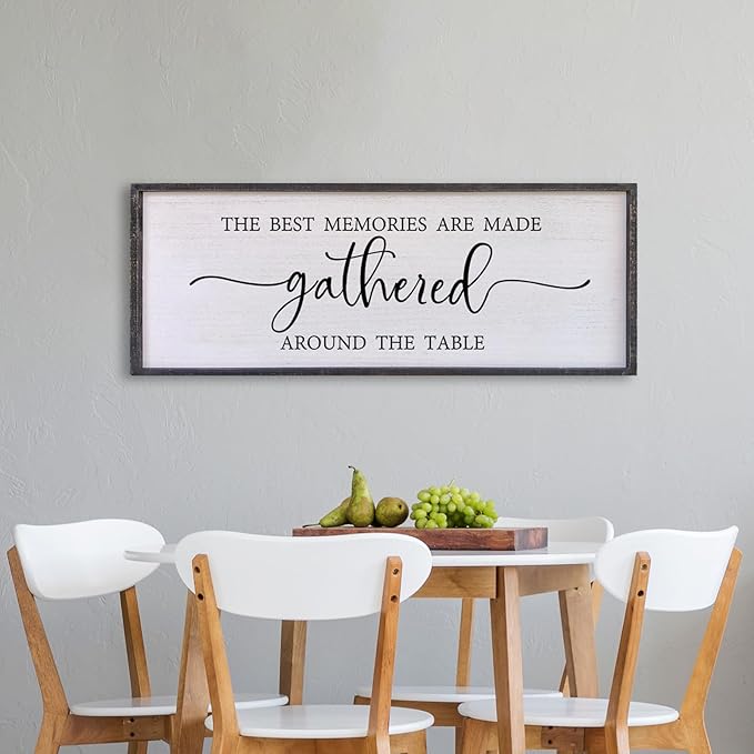 The Best Memories Are Made Gathered Around The Table Wall Decor 32"x12" Large Rustic Farmhouse Dining Room Wood Framed Modren Signs Kitchen Home Simple Hanging Wall Art (Black)