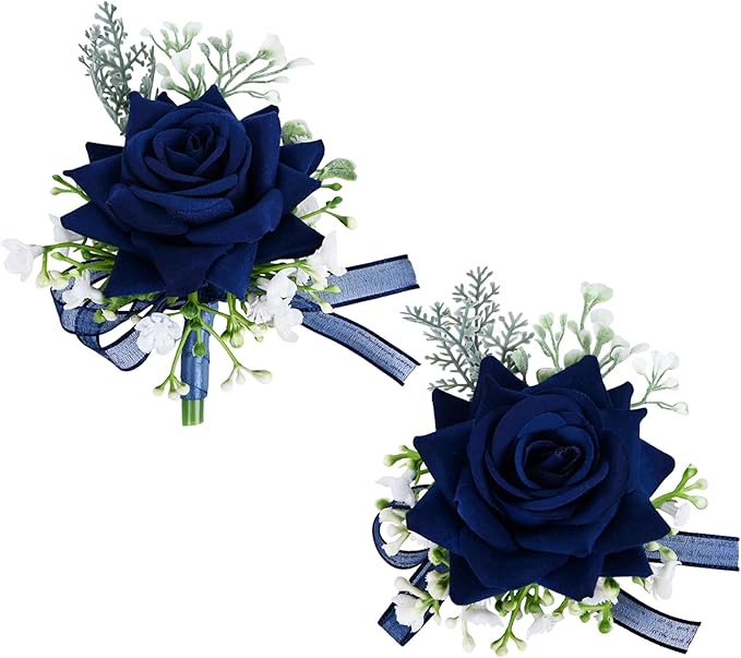MAFELOE 2 Pieces Homecoming Party Prom Artificial Wrist Corsage and Boutonniere Set, Groom Groomsmen Bride Bridesmaids Wedding Simulation Flowers Accessories - Navy Blue