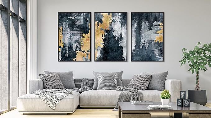 Large Framed Abstract Wall Art - Natural Frame Retro Canvas Pictures for Living Room Modern Canvas Prints Navy Blue for Bedroom, Black Float Frame Art for Home Office Kitchen Decor 24" X 36" X 3pcs