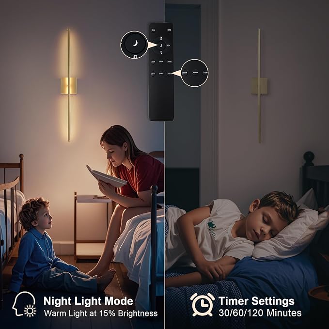 KARTOOSH Removable Battery Operated Wall Sconces with Remote Control, Stepless Colors 3000K-6000K & Dimming, 350°Rotate, LED Gold Wireless Wall Light for Living Room, Bedroom, 40.1 Inch (2 Pack)
