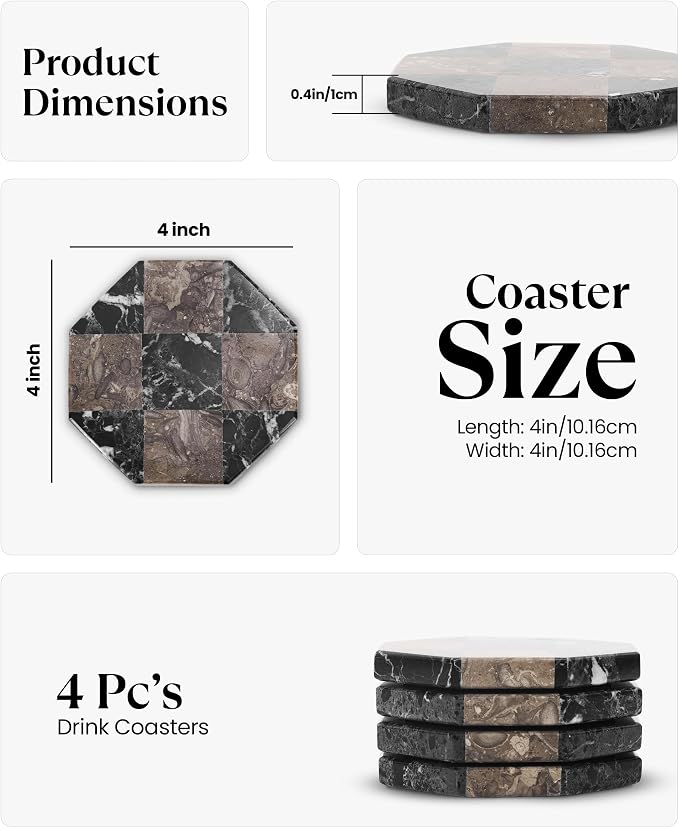 Marble Coasters Set of 4, Zebra Black & Oceanic Handmade 4 inch Star Stone Coaster, Drink Checkered Coasters for Coffee Table, Stylish Bar Accessories & Modern Home Décor