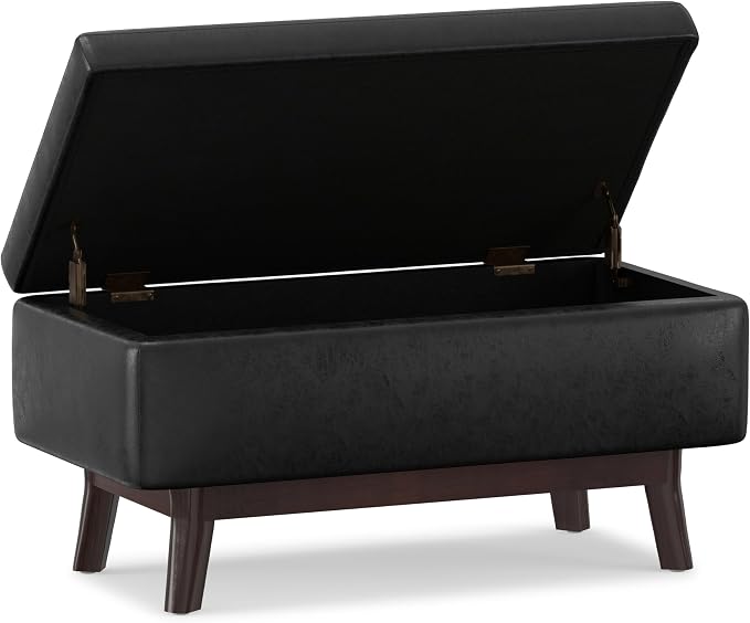 SIMPLIHOME Owen Small Rectangular Storage Ottoman - 36 inch Wide Upholstered Vegan Leather Lift-Top Ottoman in Distressed Black, Mid-Century Modern Ottoman for Living Room with Tufted Detail