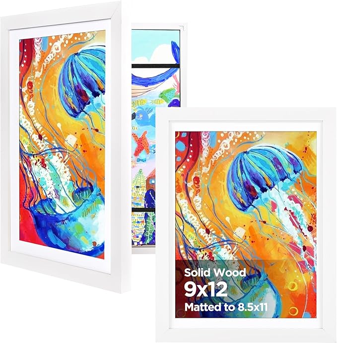 KINLINK 9x12 Kids Art Frame Set of 2, Solid Wood Kids Artwork Frames Changeable with Front Opening Hold 150 Pictures, Art Frames for Kids Art with Mat，without Mat 9x12 Picture Frame White