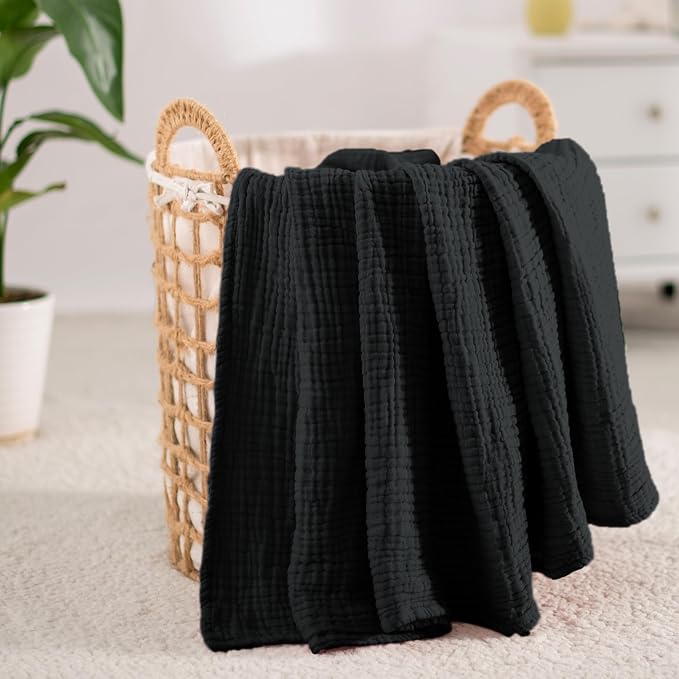 Carriediosa 100% Cotton Muslin Throw Blanket 90" X 90" Queen Size，4-Layers Summer Gauze Throws for Bed Couch，Soft Lightweight Breathable Linen Blankets Bedspread for Adults All Season，Black
