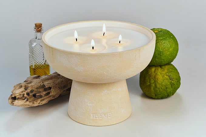 Blueme Nostalgia Candle | Bergamot & Musk | 4 Wick - Refillable Wellness Candle with Essential Oils, Hand Finished & Poured Soy Wax Blend Ceramic Vessel, Natural Cotton Wicks | Large 24 oz
