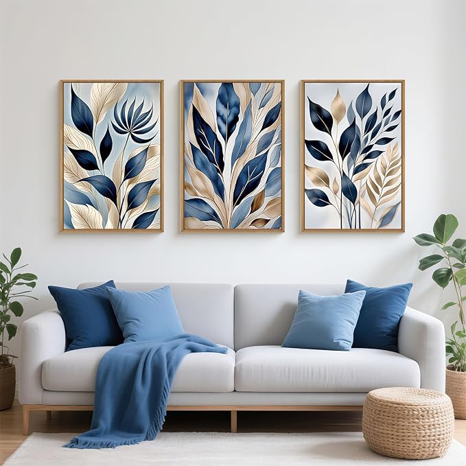 HPNIUB Blue Botanical Leaf Framed Wall Art Set,Modern Natural Blue and Gold Plant Wall Decor,Abstract Boho Minimalist Rustic Floral Leaves Artwork for Living Room, Bedroom,Office-16''x24''x3