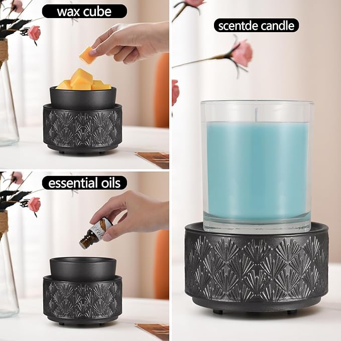 Mocosa Ceramic Wax Warmer Wax Melt Warmer for Scented Wax 3-1 Electric Candle Warmer Home Fragrance Wax Burner Perfect Christmas Gifts for Mom Women(Black-Fan Shaped)