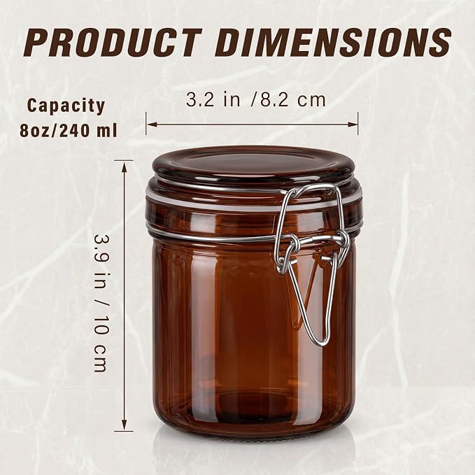 Norme 6 Pack 8oz Amber Airtight Glass Jars with Lids, Cylinder Food Storage Container Airtight Food Wire Clip Fastening for Sauerkraut Flour Kitchen Sugar Cereal Kitchen Canning Pickling Mason Jars