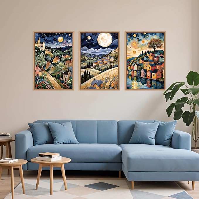 LHIUEM Large Abstract Colorful Framed Canvas Wall Art,Retro Night Village Wall Decor,Natural Moon Stars Wall Painting,Gustav Klimt Scenery Artwork for Living Room,Bedroom,Dining Room,Office -16"x24"x3