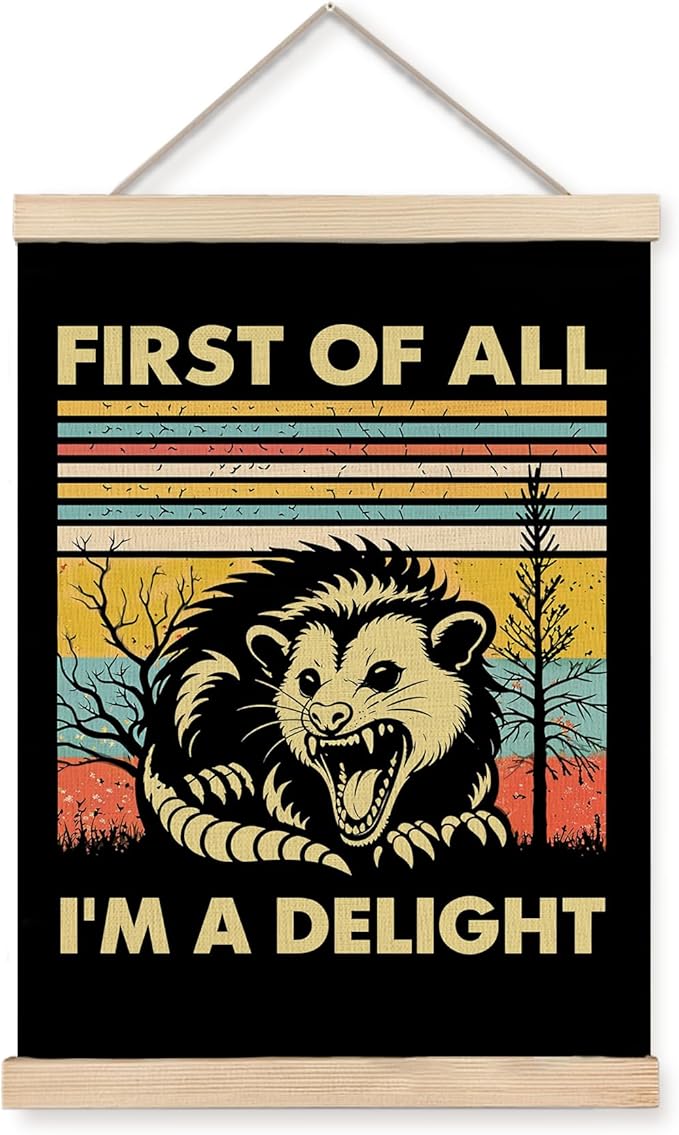 Foritho First of All I'm a Delight Sarcastic Angry Opossum Poster Wall Art Framed, Gifts for Opossum Lovers, 70s Retro Funny Animal Meme Canvas Prints Wall Decor for Home Office, 12x16 Inch