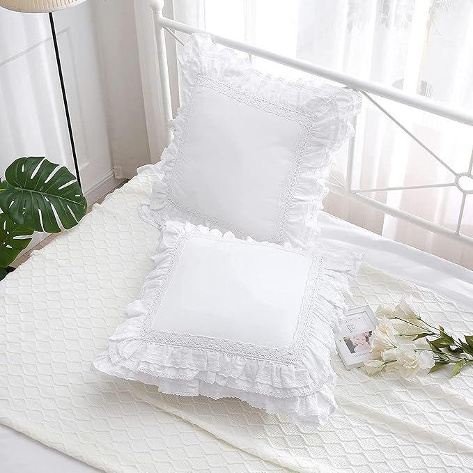 Lace White Euro Shams Throw Pillow Covers Cushion Cases with Ruffles Cotton 20"X20" Zipper Closure Luxury Elegant 2-Pack