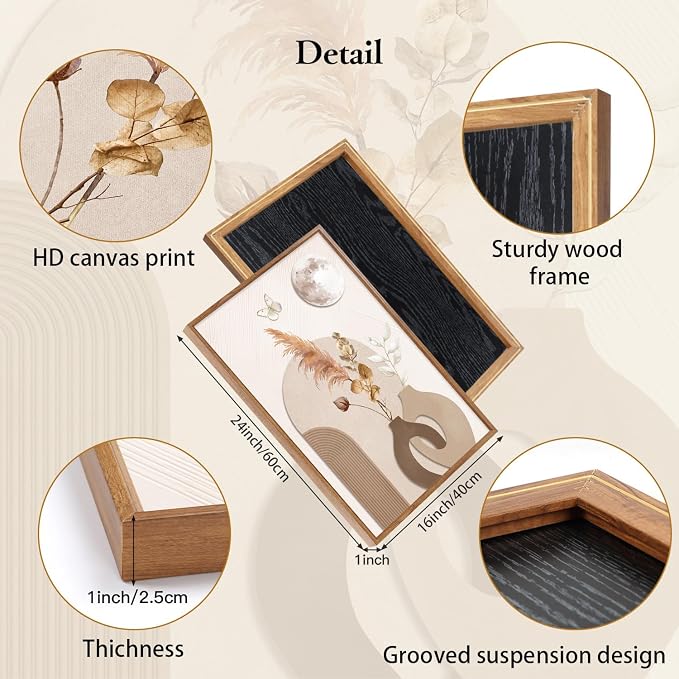 CHDITB Wabi Sabi Dried Floral Framed Canvas Wall Art Set, Neutral Boho Line Woman Wall Decor, Minimalist Abstract Geometric Artwork, Vintage Beige Prints for Living Room, Bedroom, Office 16"x24"x3