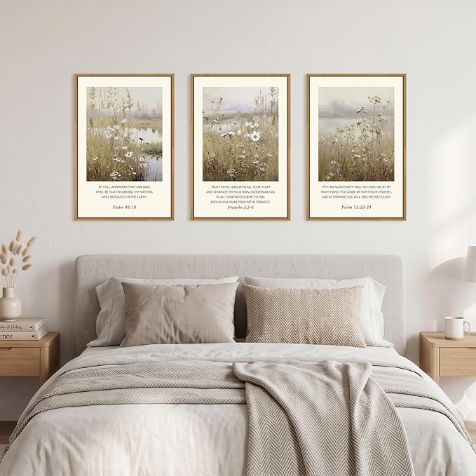 Large Christian Bible Verses Framed Canvas Wall Art,Vintage Scripture Wildflower Wall Decor,Modern Jesus Religious Nature Landscape Artwork for Living Room,Bedroom,Dining Room-16"x24"x3