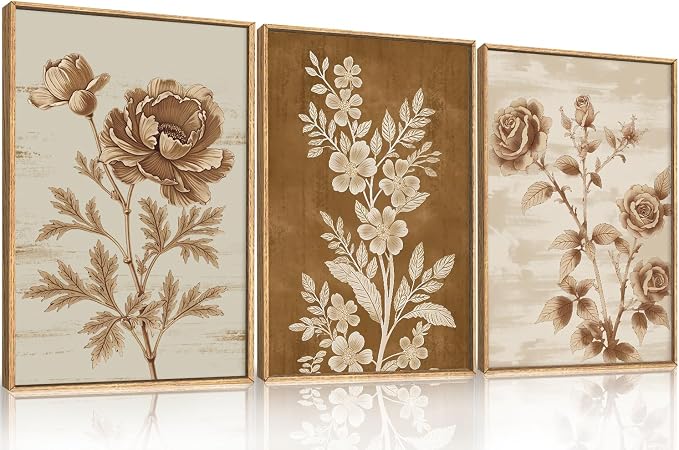Vintage Botanical Floral Framed Canvas Print Wall Art Set,Retro Brown Rose Flowers Wall Decor,Nature Modern Elegant Poppy Boho Wildflower Artwork for Living Room,Bedroom,Office-16 x24 x3