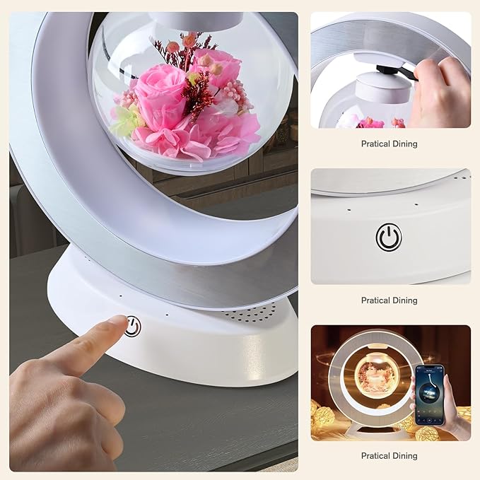 LoveLin,Magnetic Levitation Table Lamp with Bluetooth Speaker,5W Circle Variable Color Led Night Light,Rotate 360° Forever,Romantic Preserved Flowers Lamp for Restaurant Office & Home Decor