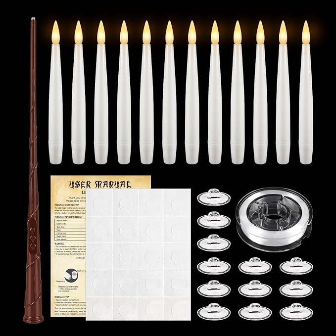 12White Flameless Floating Candles with Wand Remote, Magic Hanging Candles with String, Taper Candle Flickering Flameless Light Halloween Candles for Halloween Christmas Birthday Party Decor.