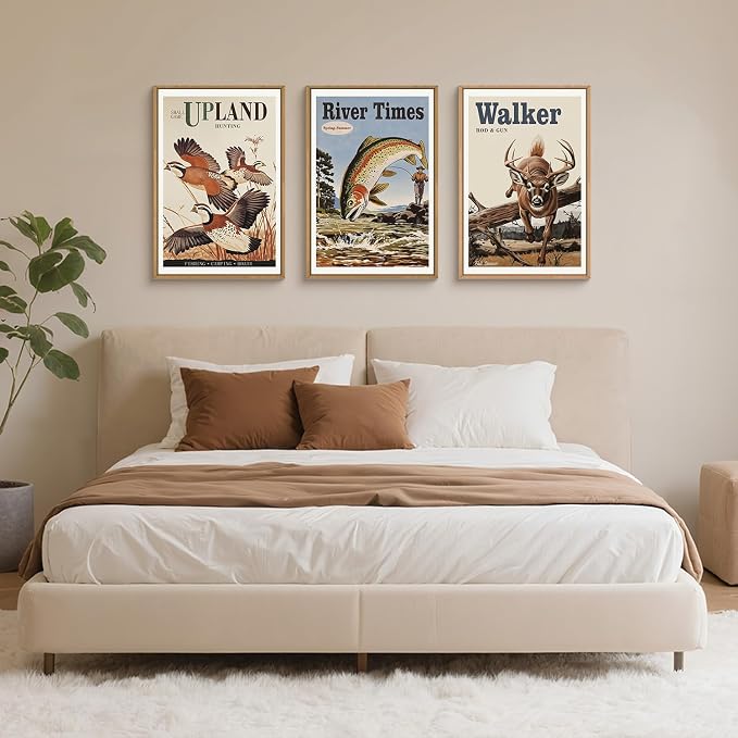 LHIUEM Vintage Hunting Framed Canvas Wall Art,Retro Deer Wild Birds Fishing Wall Decor,Nature Wilderness Posters Artwork for Living Room,Bedroom,Dining Room,Farmhouse -16"x24"x3