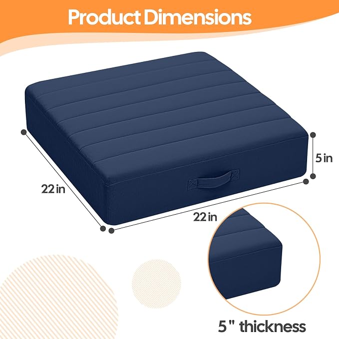 MeMoreCool Square Floor Pillows for Adults Kids, 2 Sets Large Meditation Cushion with 5" Thick Foam and Washable Tufted Cover, 22 Inch Navy Seat Floor Cushions for Sitting and Yoga