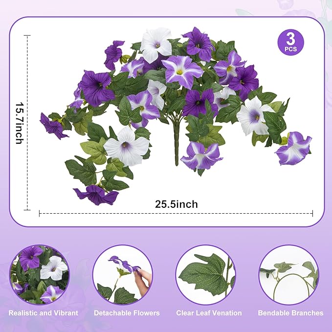 Ouddy Decor 3 Pcs Artificial Flowers for Outdoors Decorations, Fake Silk Petunias Flowers Faux Plants UV Resistant for Garden Porch Window Box Balcony Yard Planter Spring Summer Home Decor, Purple