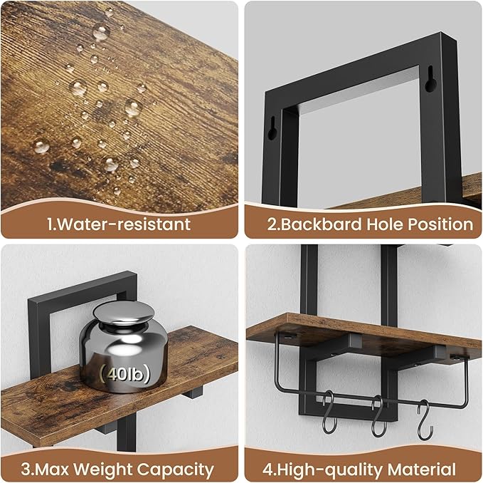 Creso hom Floating Shelves for Wall Set of 2, Wood Wall Shelf with 6 Hooks, 2 Tier Hanging Decorative Storage Shelves for Living Room Bedroom Bathroom Kitchen Office Coffee Bar, Rustic Brown