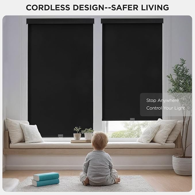 Joydeco 100% Blackout Roller Shades (Pro), Free-Stop Cordless Blinds for Windows, UV Protection, Natural Woven Blinds for Home and Office, Light-Proof Aluminum Cover (Black, Custom Size)