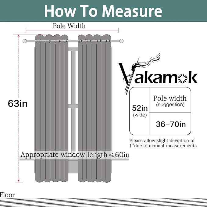 Yakamok Dark Grey Blackout Curtains, Grommet Thermal Insulated Room Darkening Blackout Drapes for Bedroom/Living Room, 2 Panels, 52W x 63L Inch