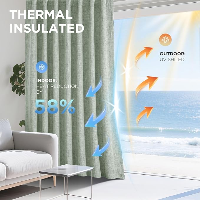Joydeco Linen Blackout Curtains for Bedroom - 100% Light Blocking 1 Panels, Sage Green Drapes 100" W x 90" L, Thermal Insulated Room Darkening Curtains for Living Room, Rod Pocket & Back Tabs