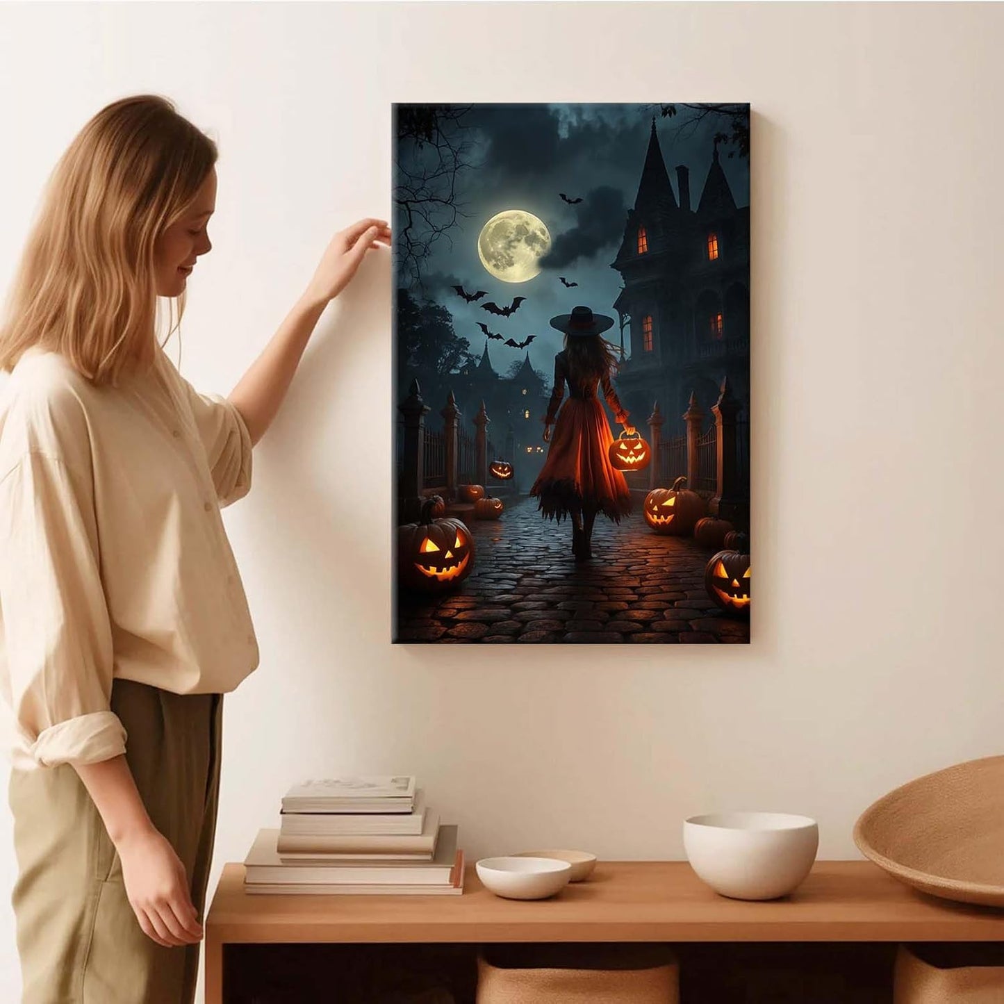 Halloween theme poster moonlit autumn night witch vintage poster art print dark college style gothic painting canvas wall decoration bedroom living room ideal gift12x16in Wood Framed