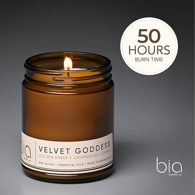 Bia Candle Co Velvet Goddess Soy Candle, Cherry Jasmine Amber Scent, Rose Vanilla Cassis, Perfume Inspired, Hand Poured USA, High Fragrance Load, Lead-Free Wick, Reusable Jar, 7 oz