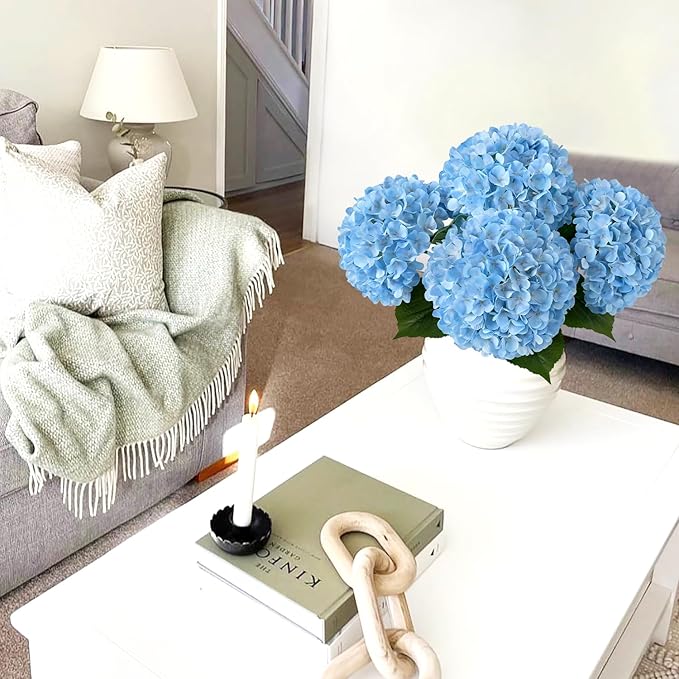 JINWOE Boho Light Blue Fake Hydrangea Artificial Flowers, 4Pcs 22" Large Lifelike Silk Artificial Hydrangeas, Full Fake Flowers for Bouquet Table Centerpieces Wedding Indoor Home