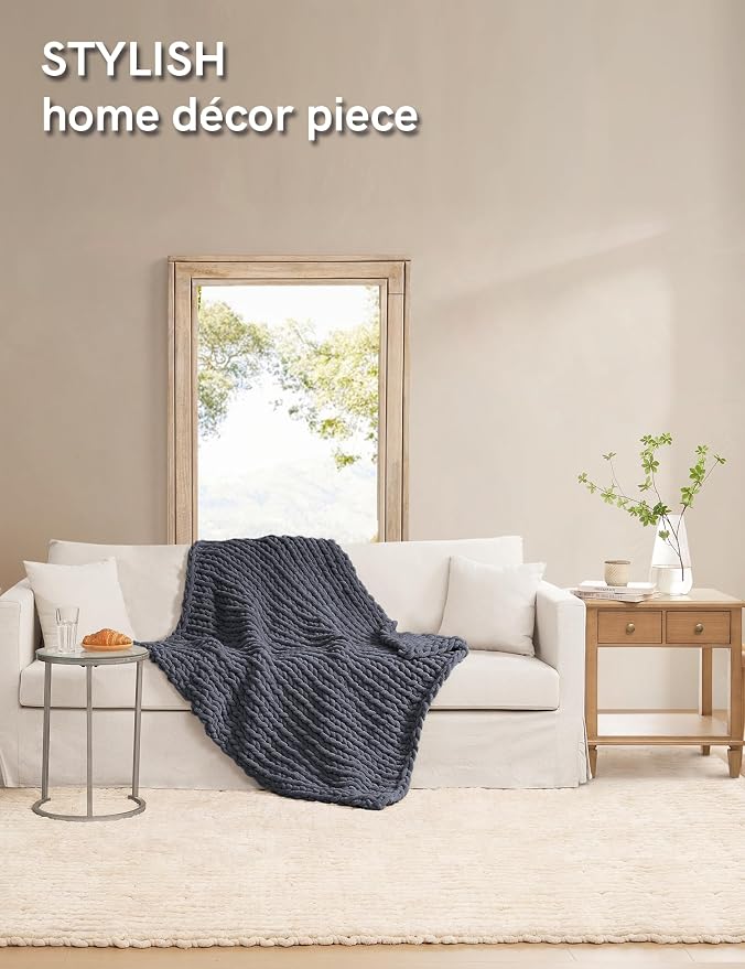 YnM Chunky Throw Blanket, Medium-Weight, Hand Knitted with Chenille Yarn, Skin Friendly, Ventilated and Breathable, Machine Washable, Home Décor Piece for Couch, Sofa and Bed (Lava Grey, 30x40 Inch)
