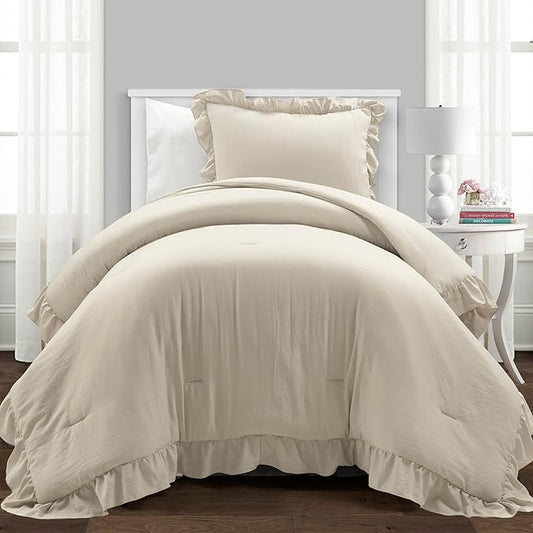 Lush Decor Reyna Ruffle Comforter Set - 2 Piece Twin Bedding Set - Elegance for Dorm Room - Twin XL, Wheat