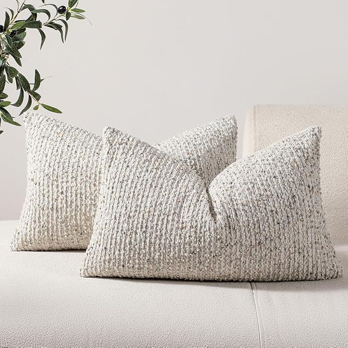 DEZENE Striped Throw Pillow Covers 12x20 Set of 2 Cream Grey Textured Boucle Chic Morden Boho Accent Farmhouse Rectangular Lumbar Decorative Couch Pillow Covers for Home Decor Bed Sofa Living Room
